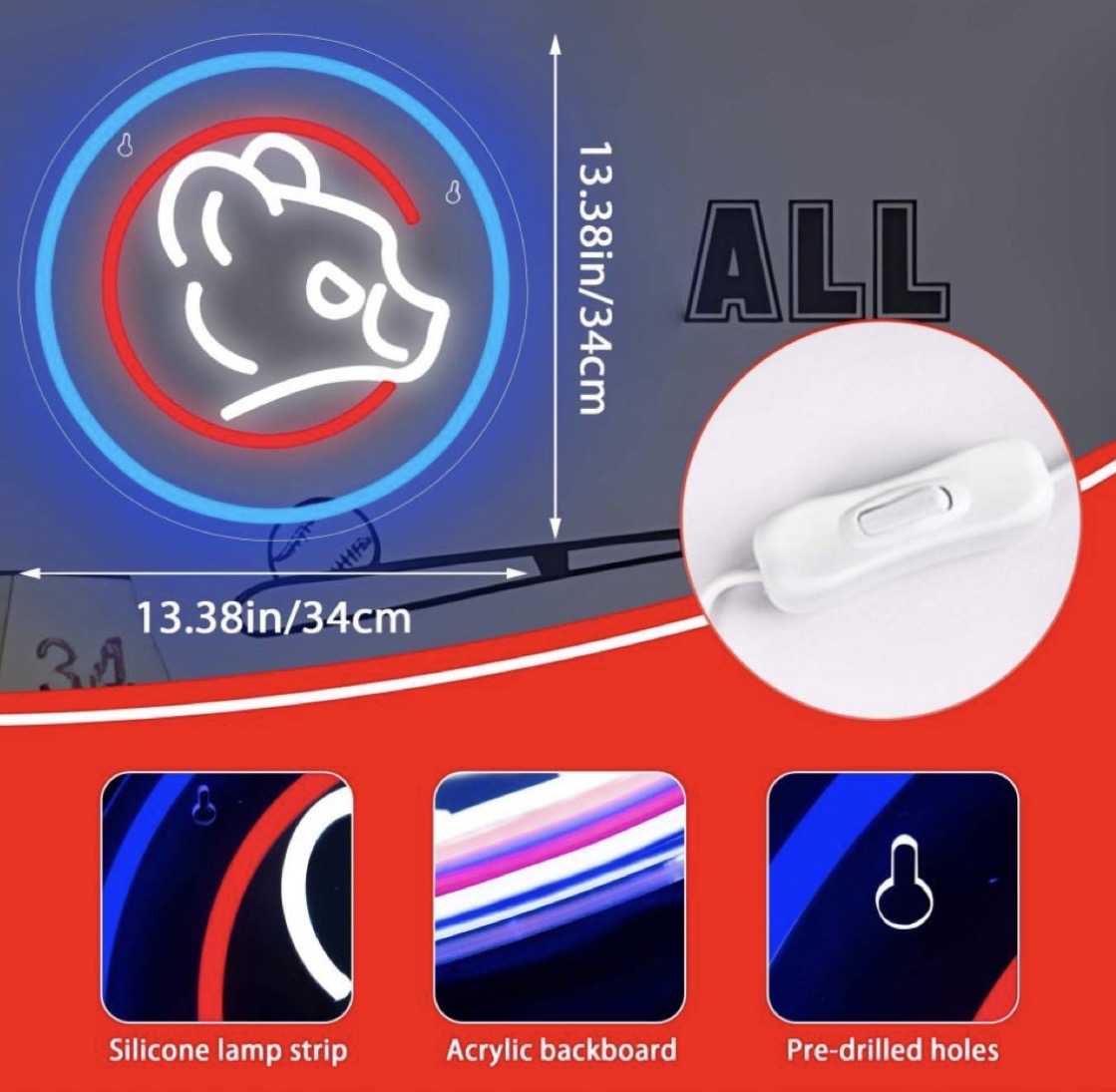 Chicago Cubs Bear Baseball Neon Sign